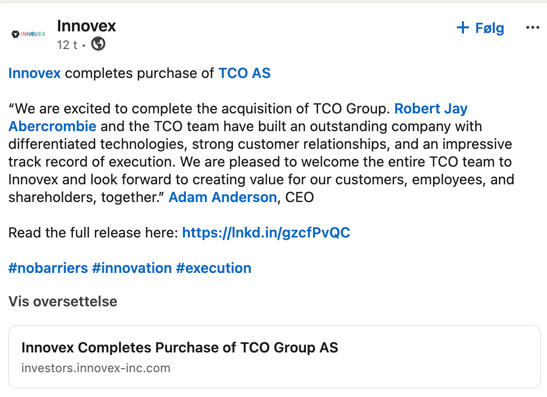 Innovex på LinkedIn om at de kjøper TCO AS.