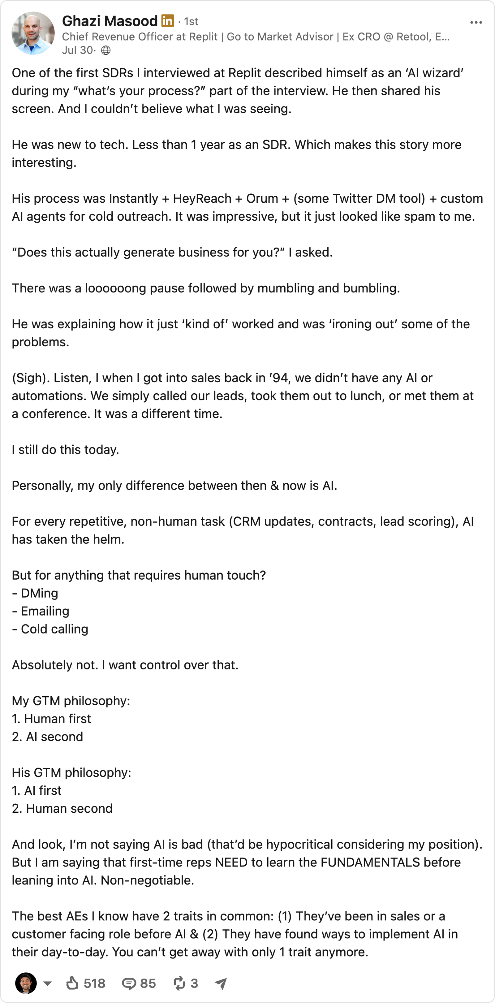 Ghazi’s interview story, recreated for readability: 518 reactions and 85 comments.