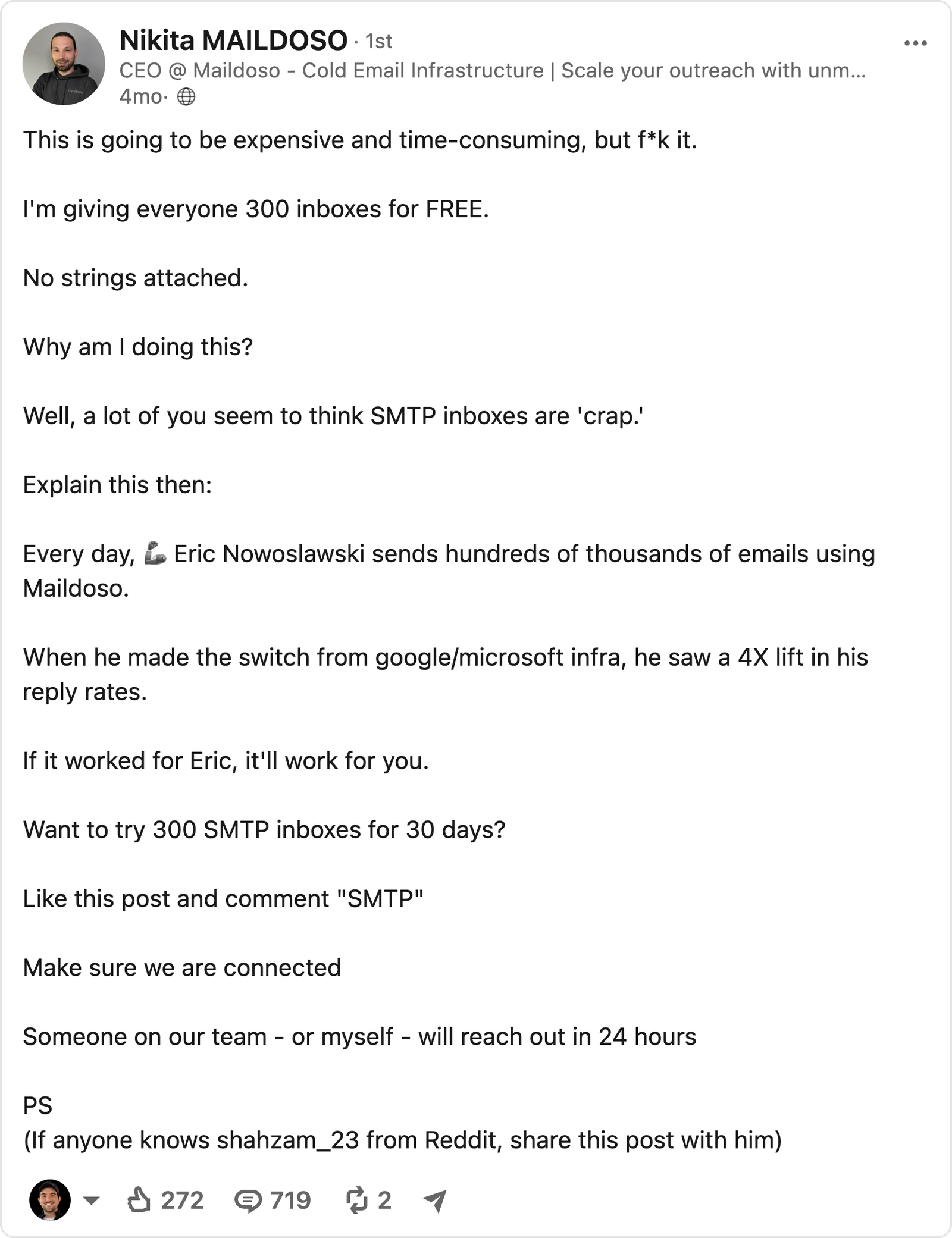 Maildoso’s 300-inbox offer, recreated from Nikita’s original LinkedIn post.