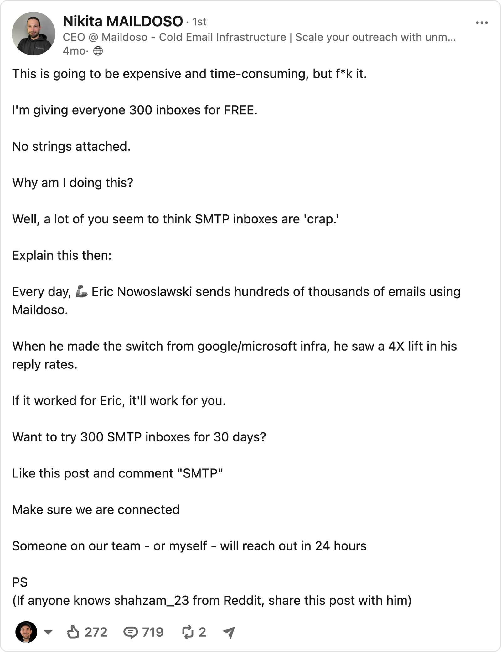 Maildoso’s 300-inbox offer, recreated from Nikita’s original LinkedIn post.