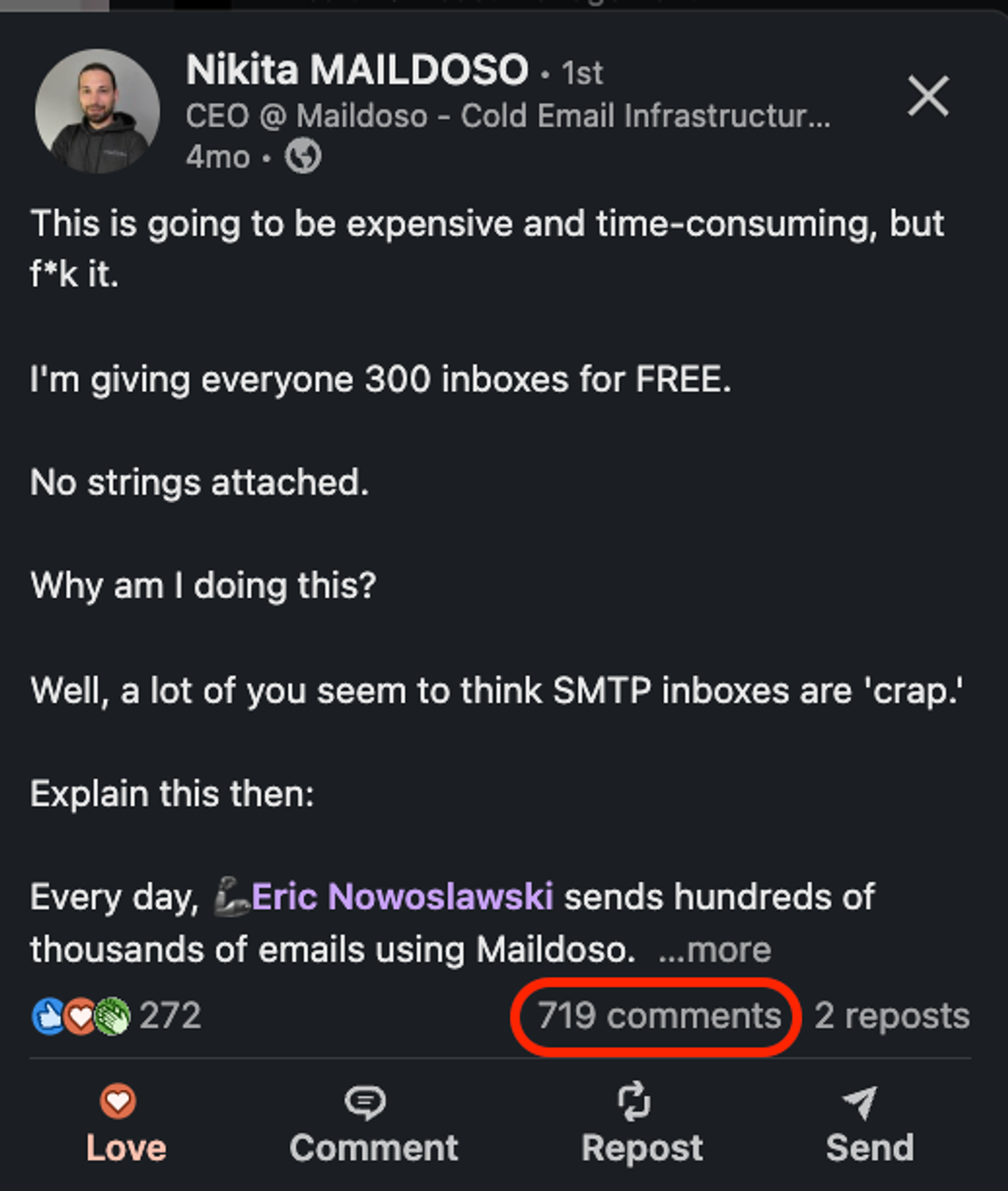 Nikita’s LinkedIn post offering 300 Maildoso inboxes for free, showing 719 comments, 272 reactions, and two reposts.