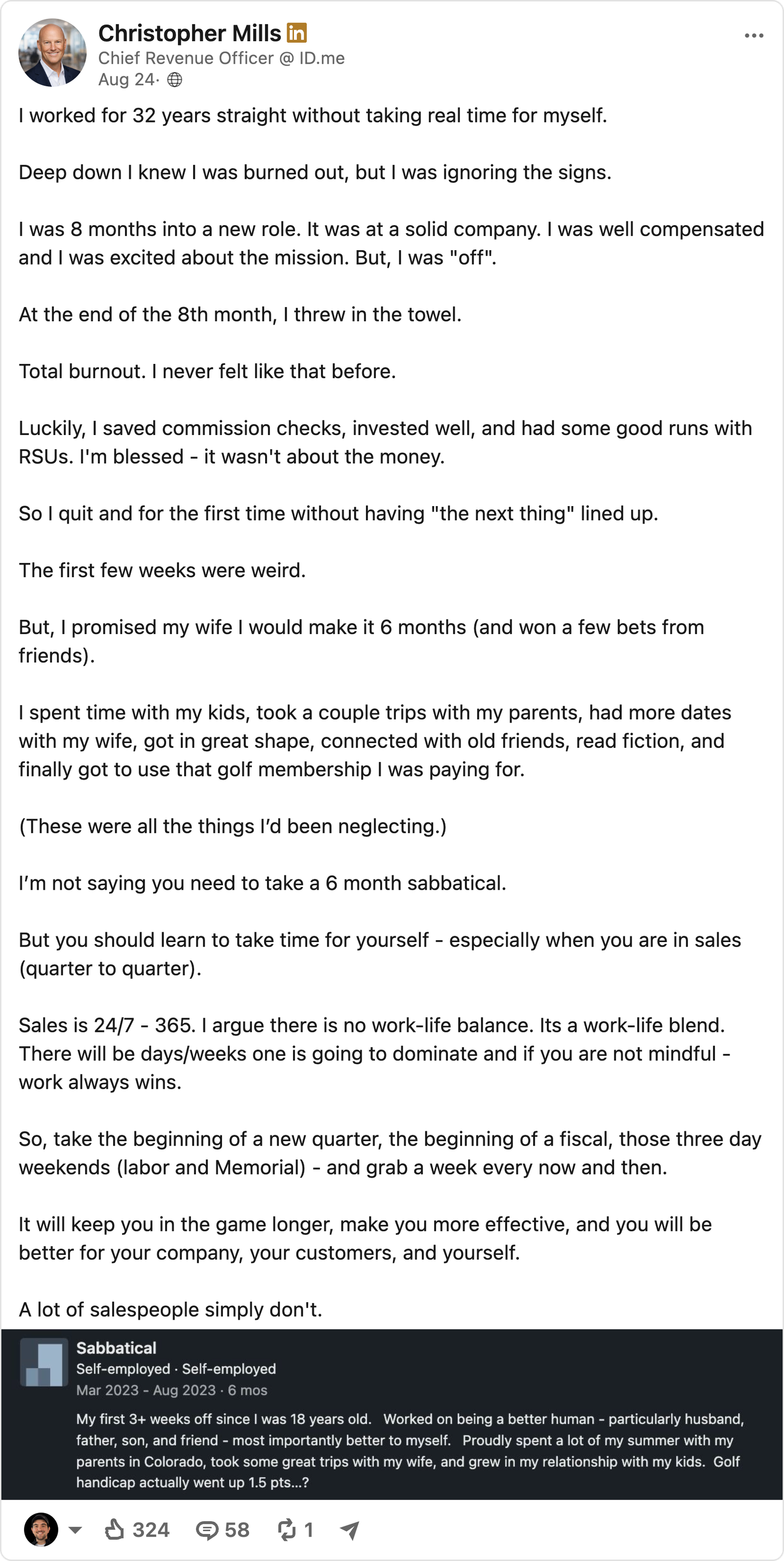Chris’s sabbatical story, recreated for readability: 324 reactions and 58 comments.