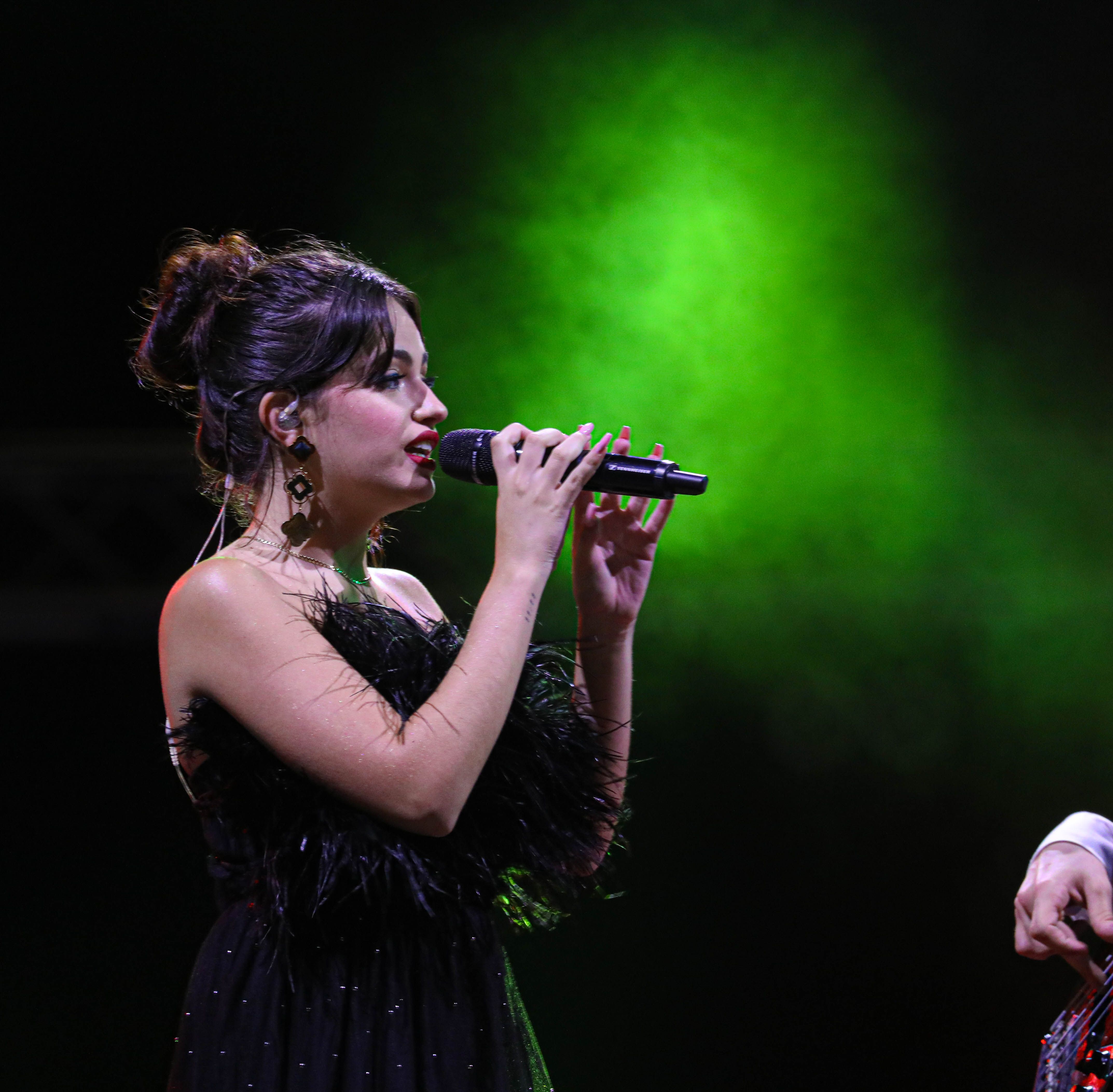 singer smiling holding a mic with her back to the bass player in a waistcoat and bowtie