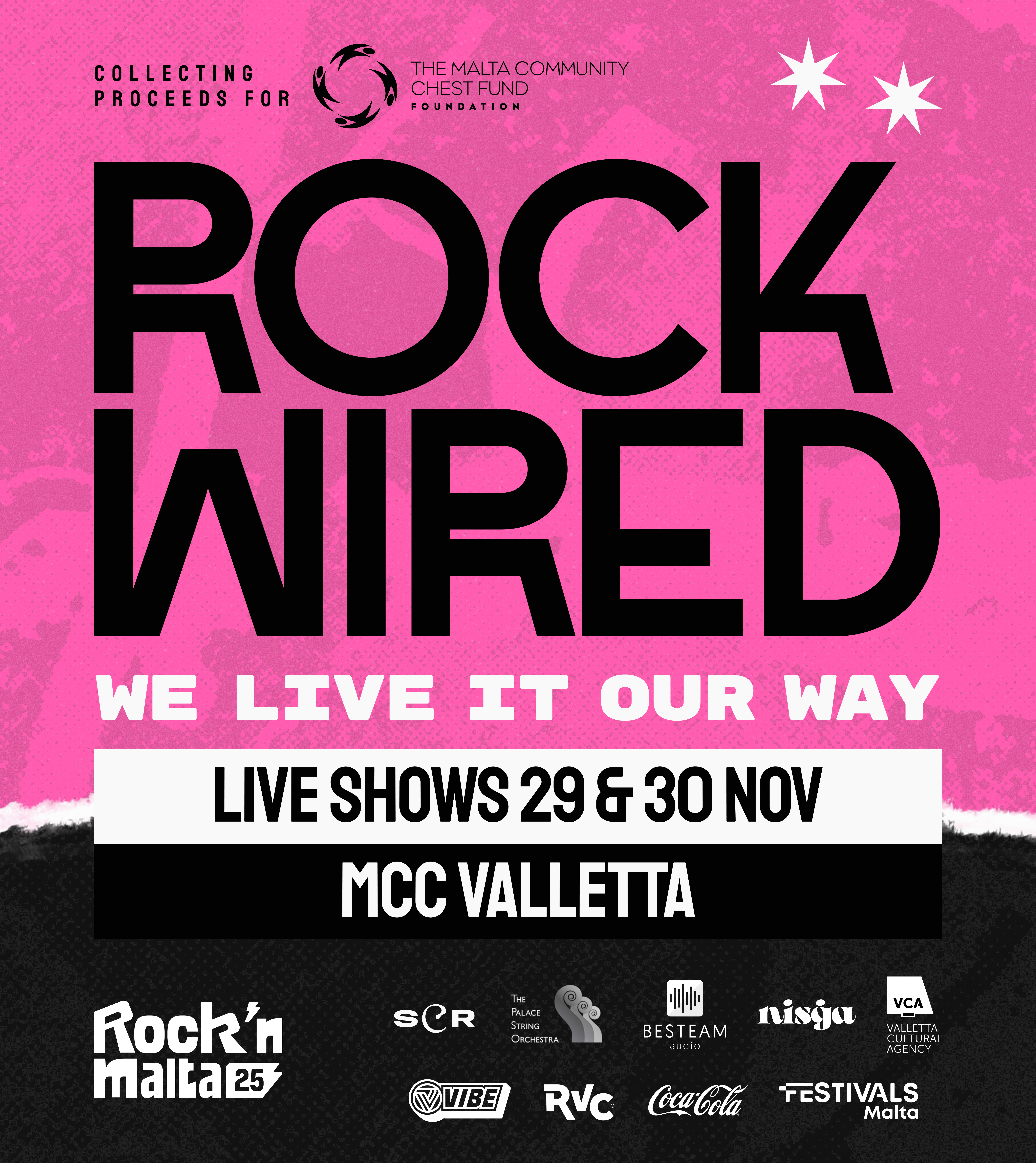 pink poster with details and sponsors logos