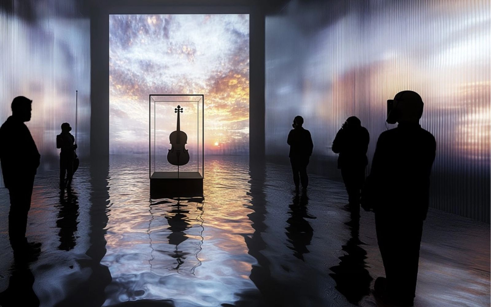 Immersive room: a violin in a display case on a mirrored floor, facing a projected sky