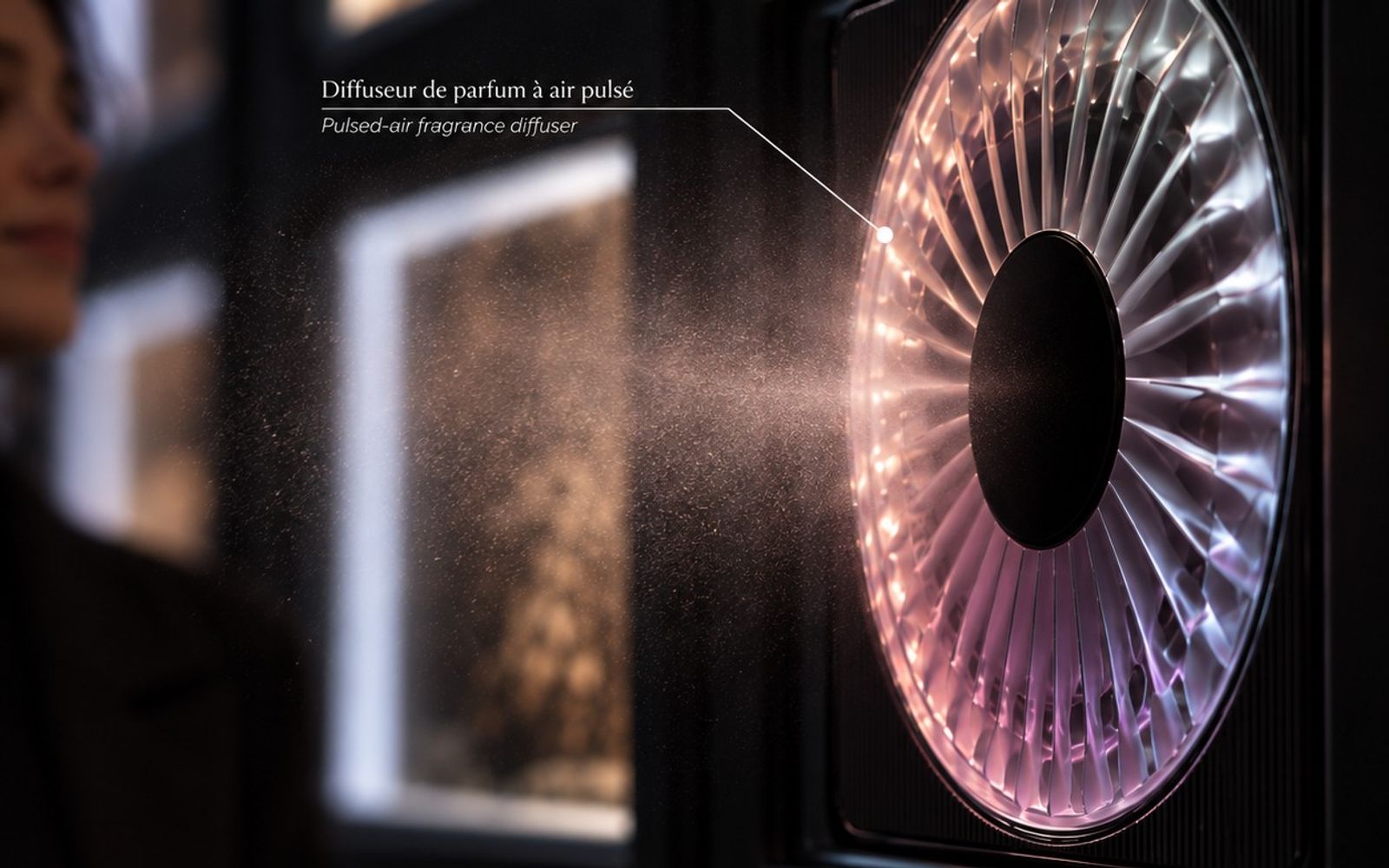Pulsed-air fragrance diffuser built into the exhibition route