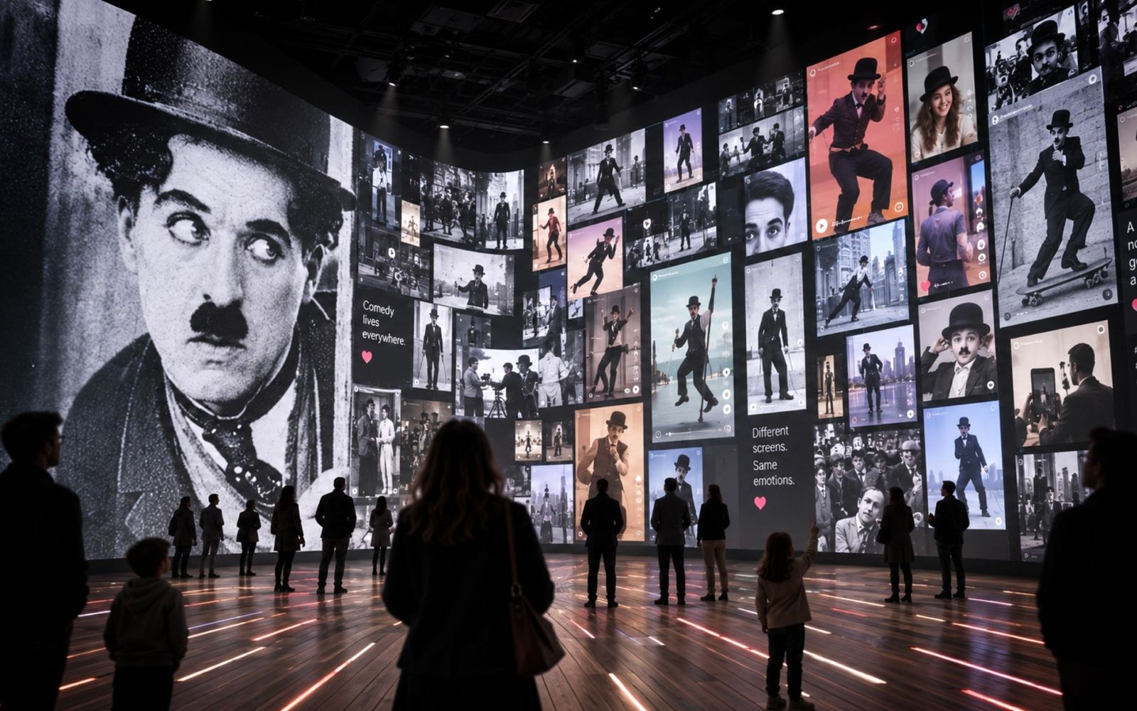 Immersive room: a wall of images blending Chaplin and contemporary culture