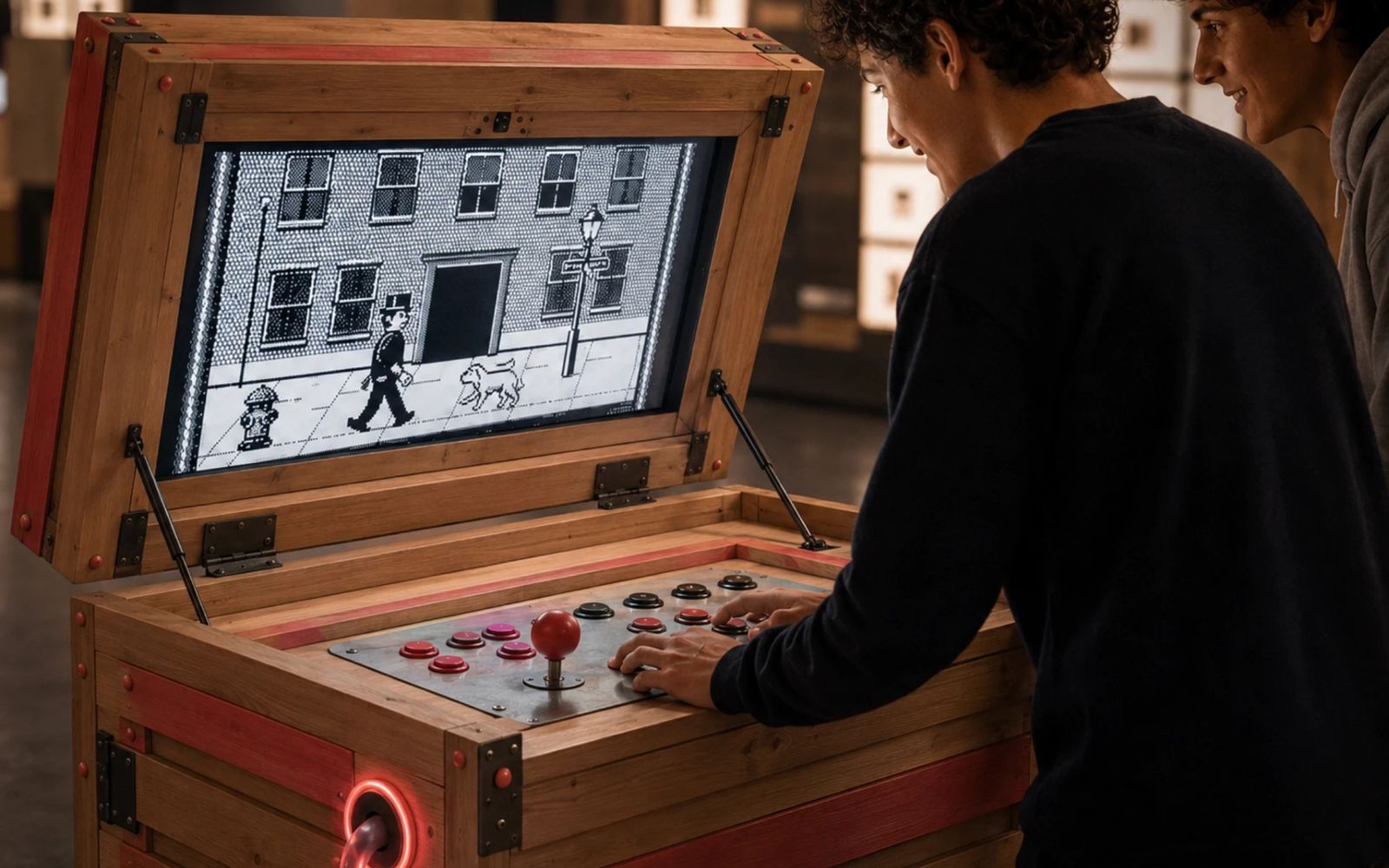 Interactive module: a wooden arcade cabinet inspired by Chaplin’s cinema