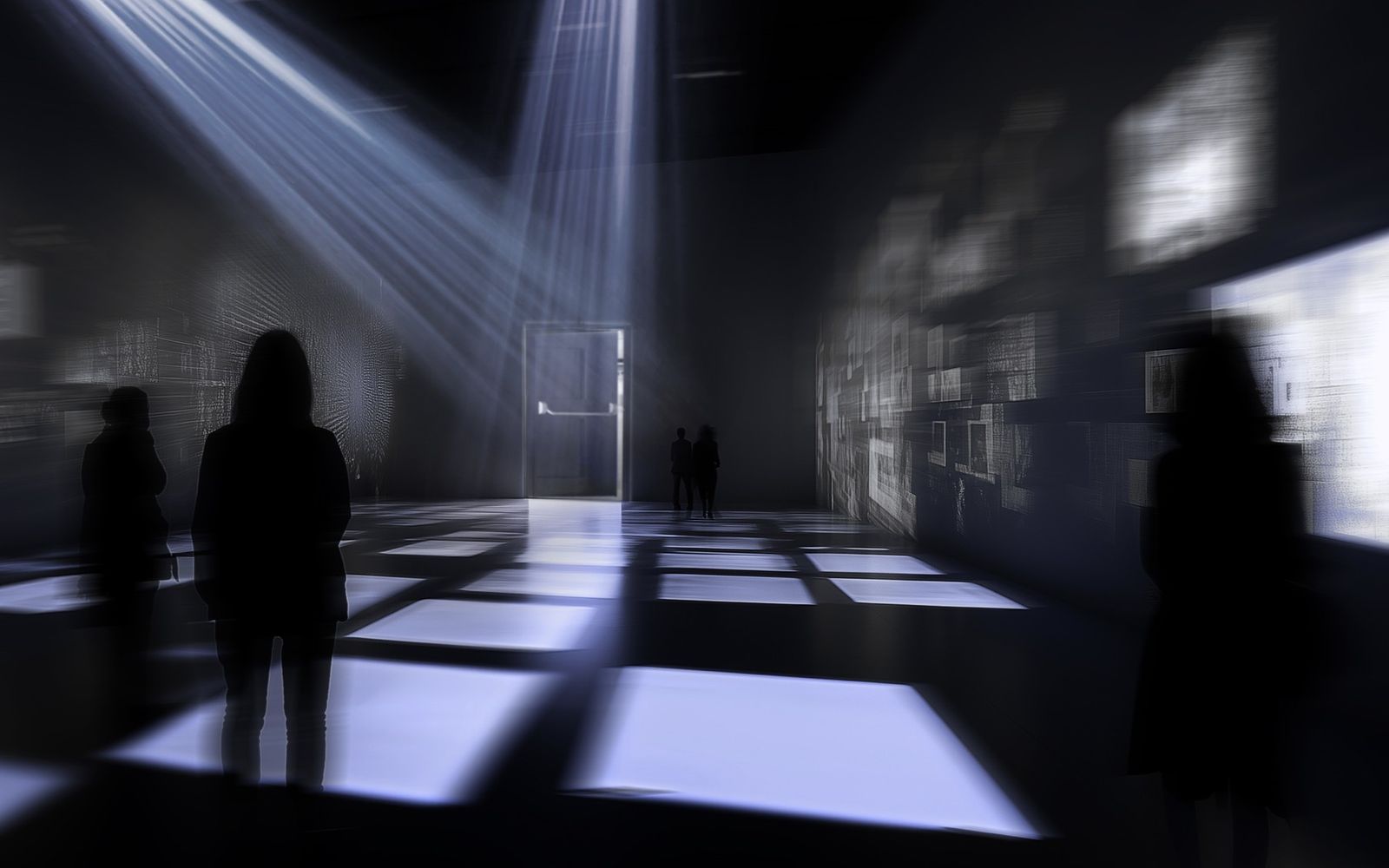 Light beams and glowing floor tiles in a dark room