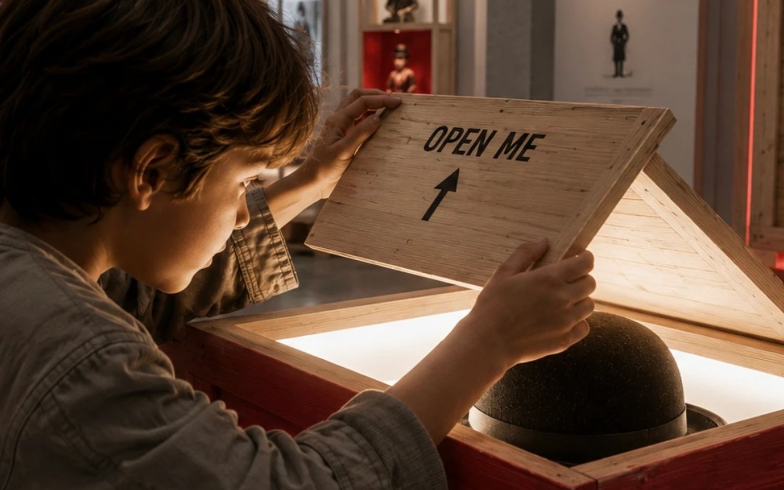 Child opening a crate that reveals a bowler hat