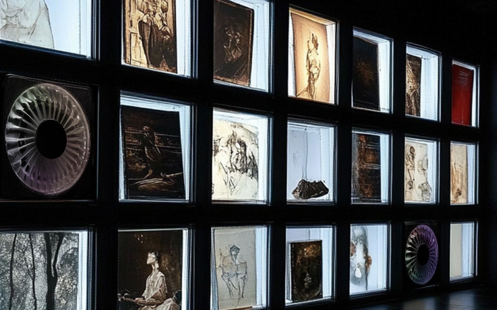 Wall of display cases showing drawings, engravings and fragrance diffusers