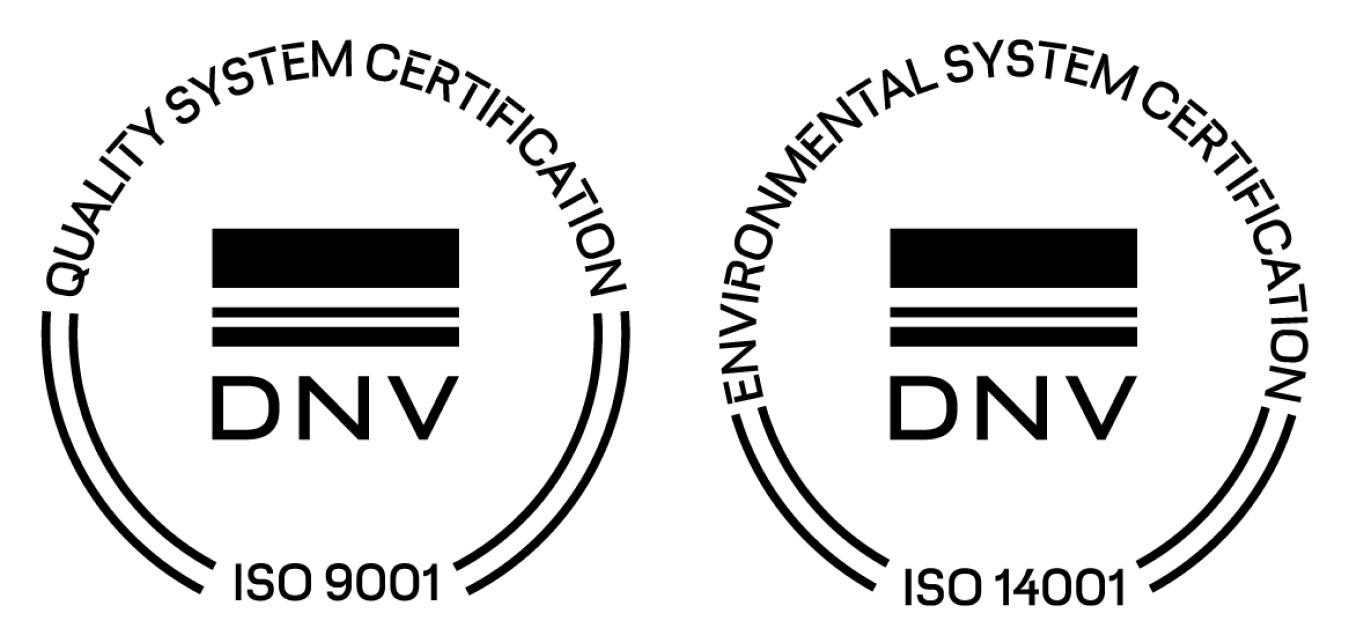 Sertifiseringer: ISO 9001 for kvalitetsstyring og ISO 14001 for miljøstyring, utstedt av DNV.