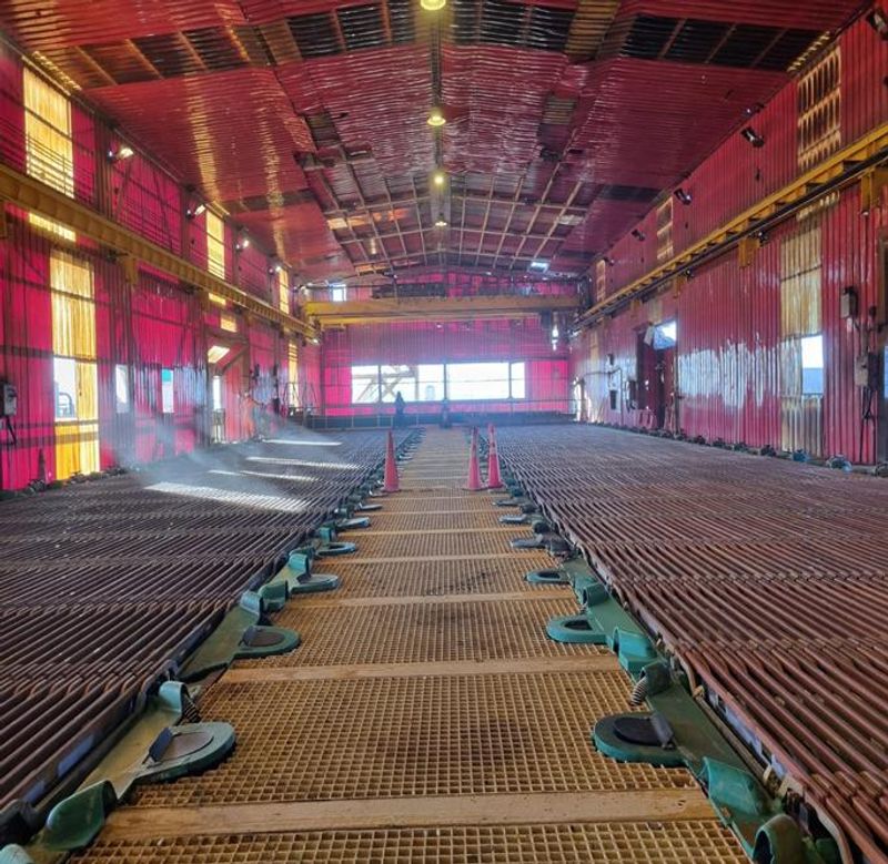 Nave industrial con tratamiento anticorrosivo aplicado, trabajadores en terreno al fondo