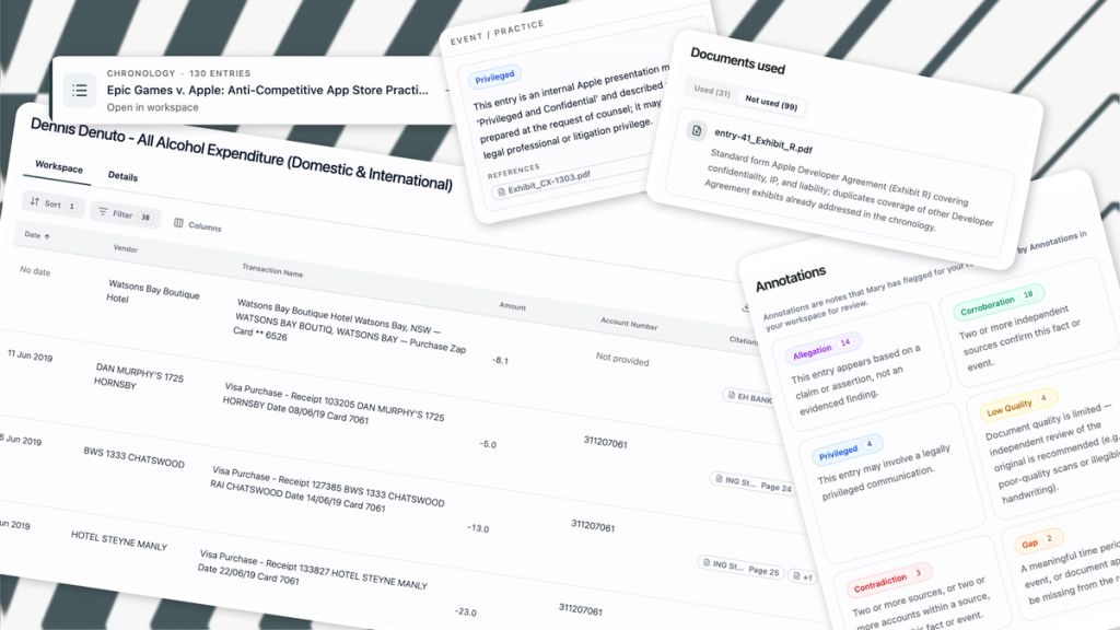 Three new capabilities that turn your verified fact record into a working tool. Build scoped chronologies, analyse bank statements in plain language, and generate structured work product - all traceable to the source.