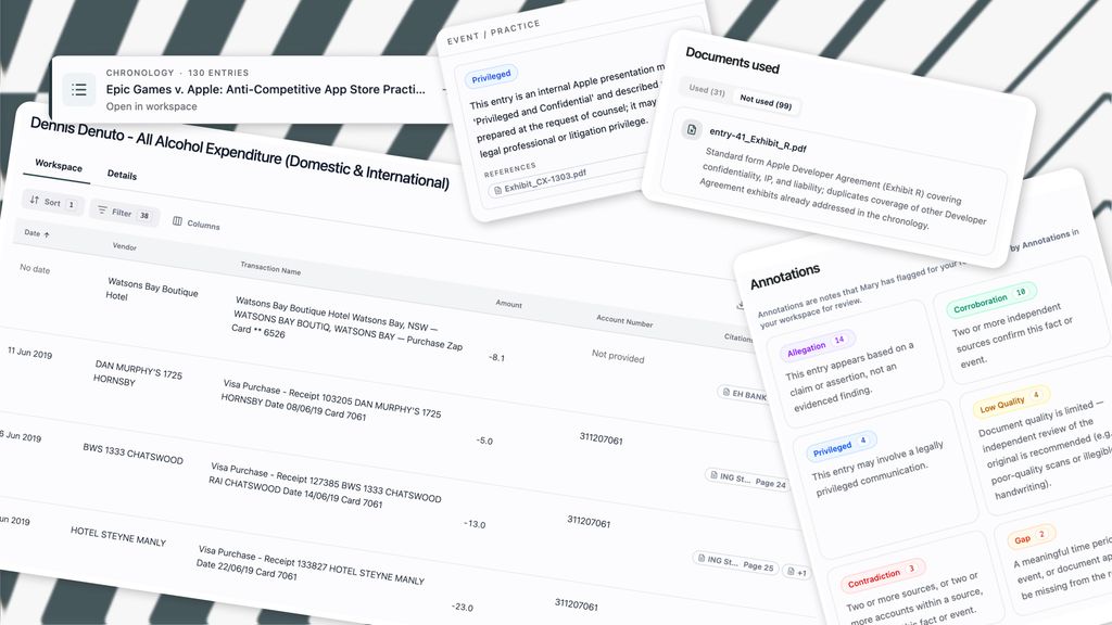 Three new capabilities that turn your verified fact record into a working tool. Build scoped chronologies, analyse bank statements in plain language, and generate structured work product - all traceable to the source.