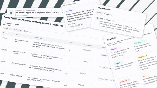 Three new capabilities that turn your verified fact record into a working tool. Build scoped chronologies, analyse bank statements in plain language, and generate structured work product - all traceable to the source.