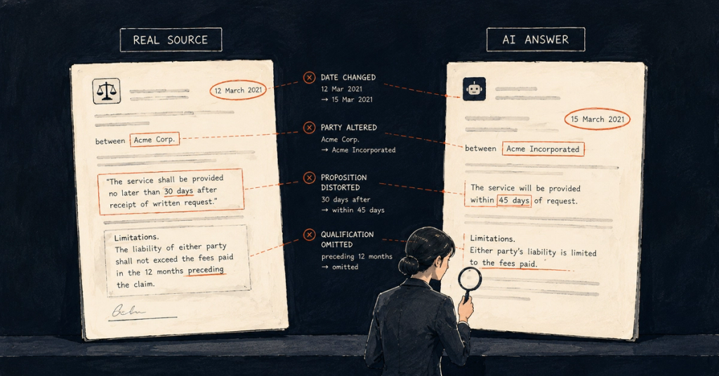 A practical taxonomy for legal AI errors that survive a basic source check, including misquotation, mischaracterisation, transformation and incomplete coverage.