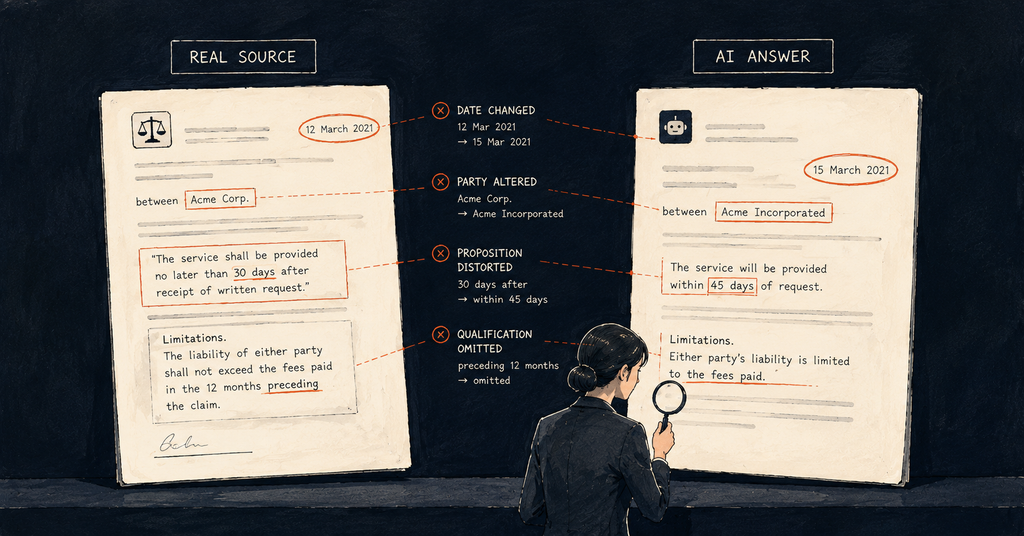A practical taxonomy for legal AI errors that survive a basic source check, including misquotation, mischaracterisation, transformation and incomplete coverage.