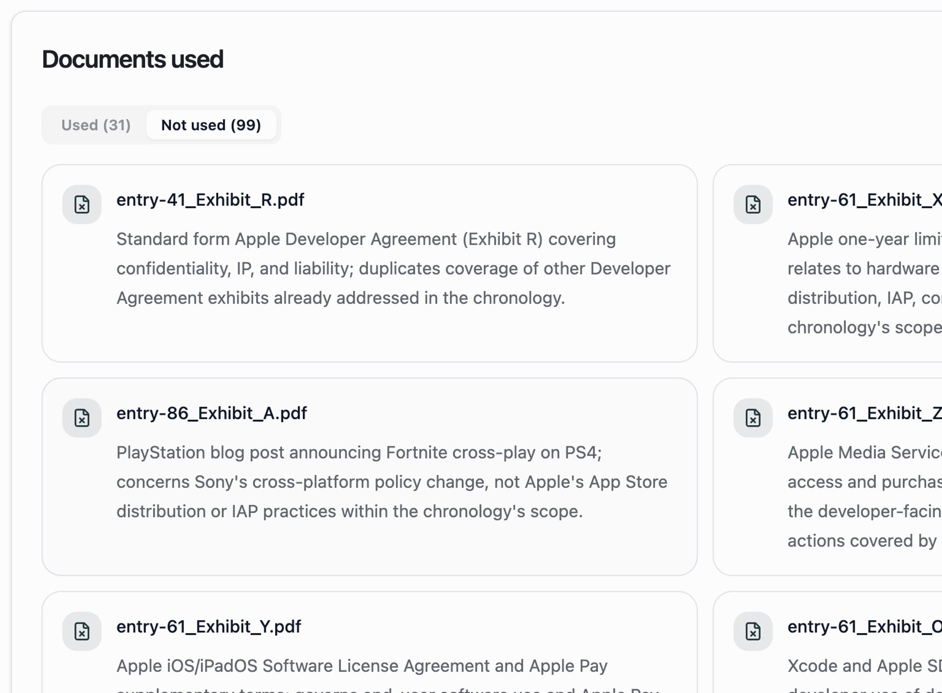Mary lets you compare the documents referenced and documents ruled as irrelevant when building a custom chronology.