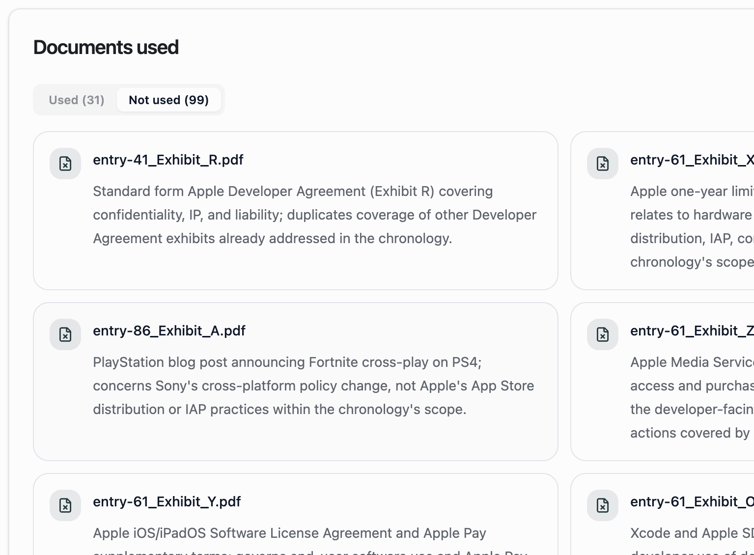 Mary lets you compare the documents referenced and documents ruled as irrelevant when building a custom chronology.