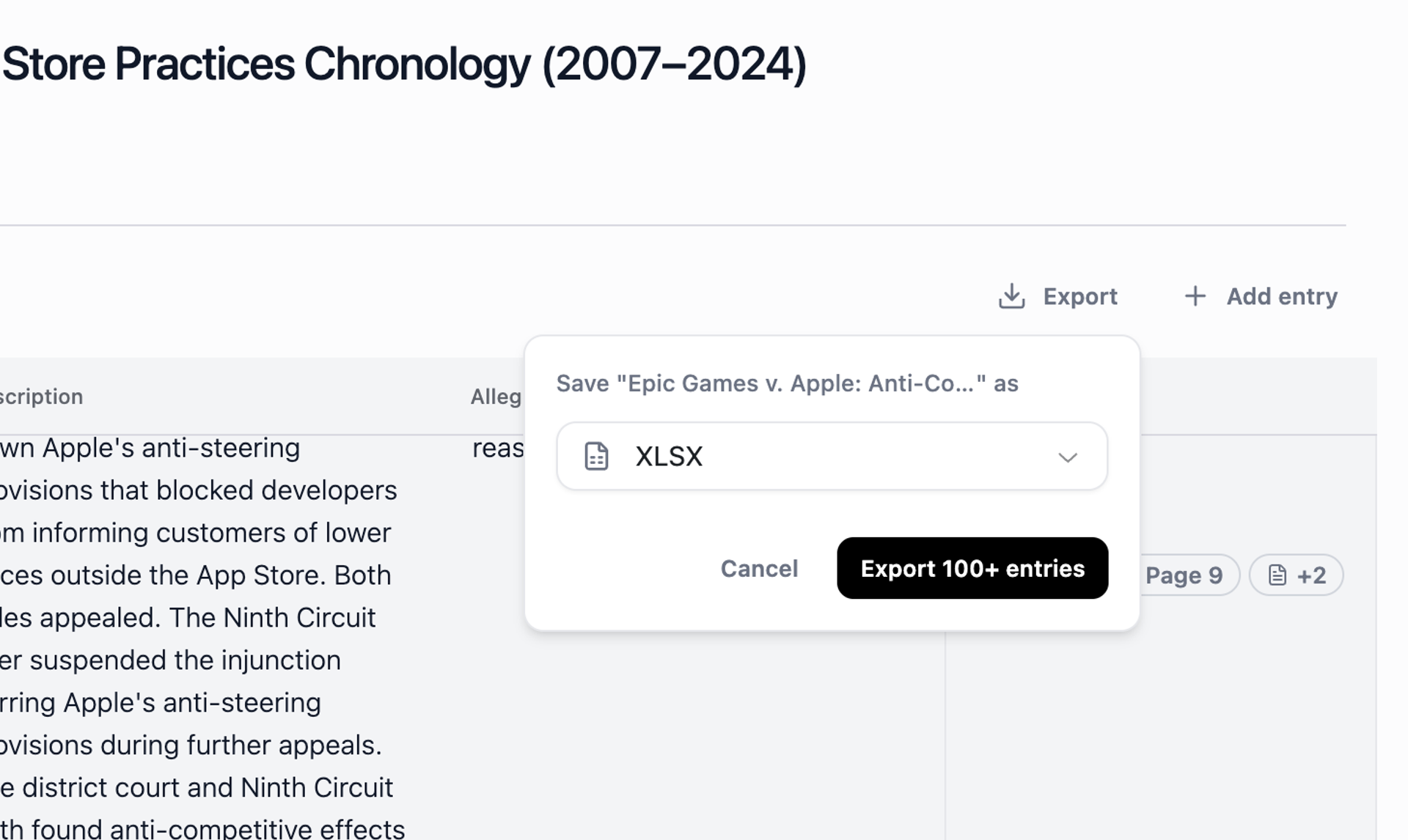 You can export your custom chronology to .xlsx and .docx from Mary