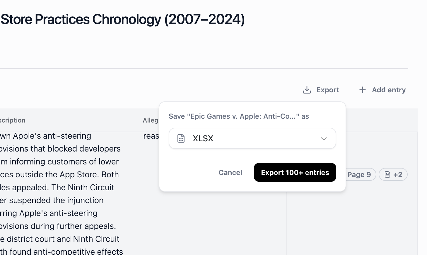 You can export your custom chronology to .xlsx and .docx from Mary