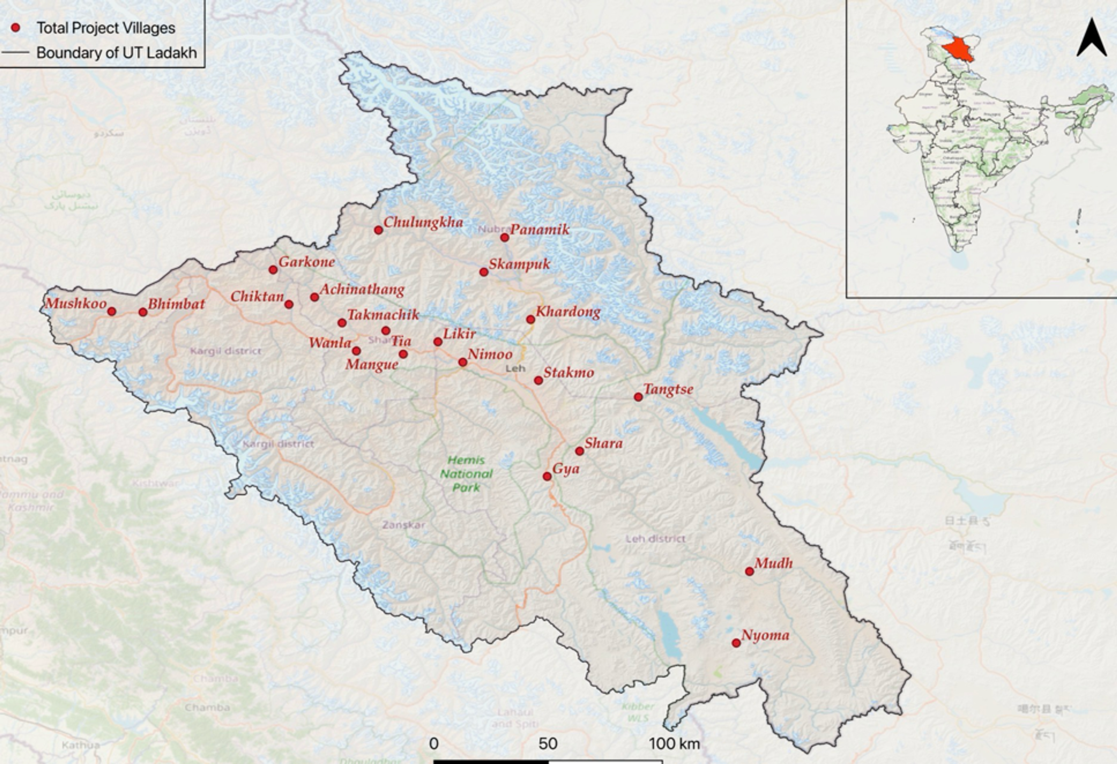 Map of the 21 project villages across Ladakh
