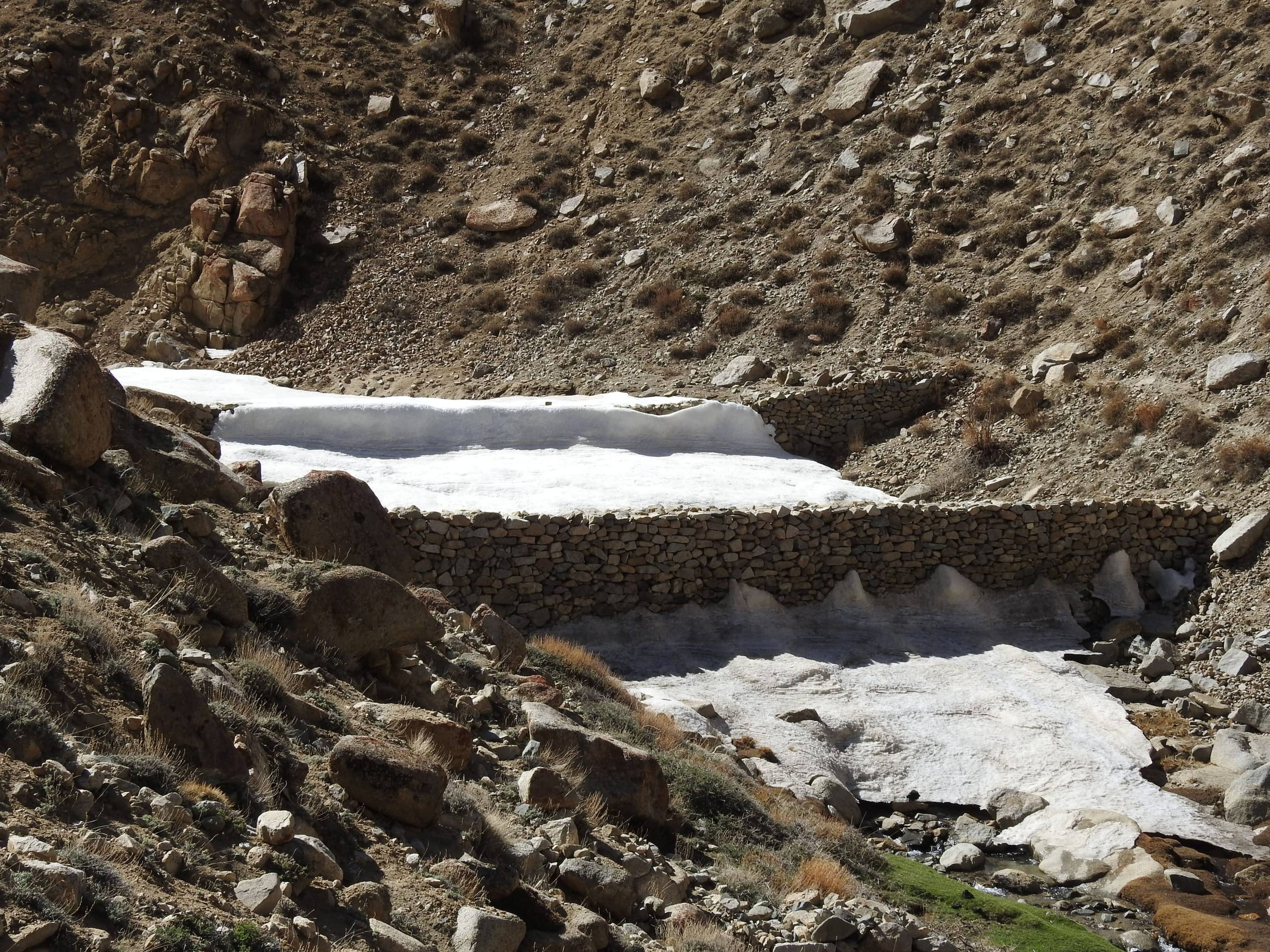Artificial glacier at Umla, built by LEHO to store winter meltwater and release it gradually for spring irrigation.