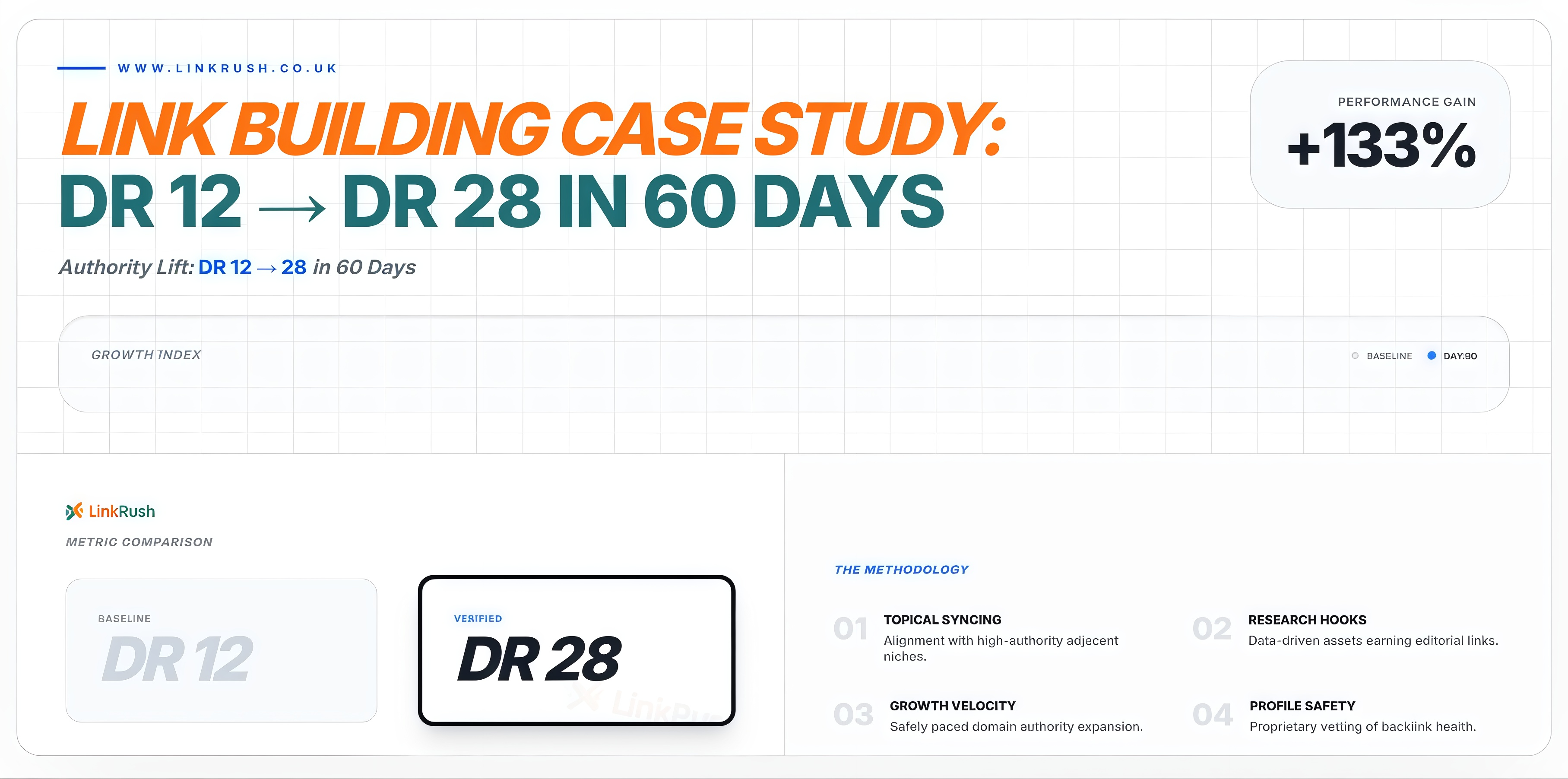 LinkRush link building case study with domain rating increase from DR 12 to DR 28 in 60 days