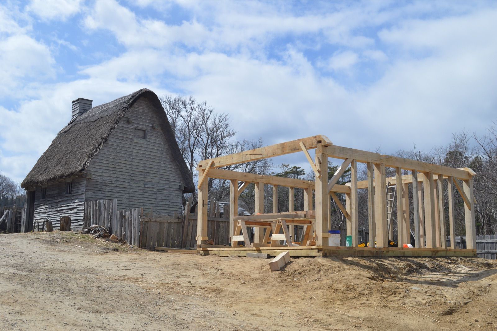 Timber frame raised on a build site