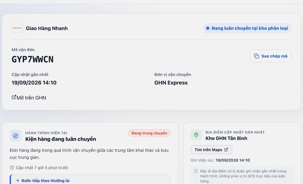Kết quả tra cứu trạng thái và phân tích hành trình GHN trên Tra Đơn