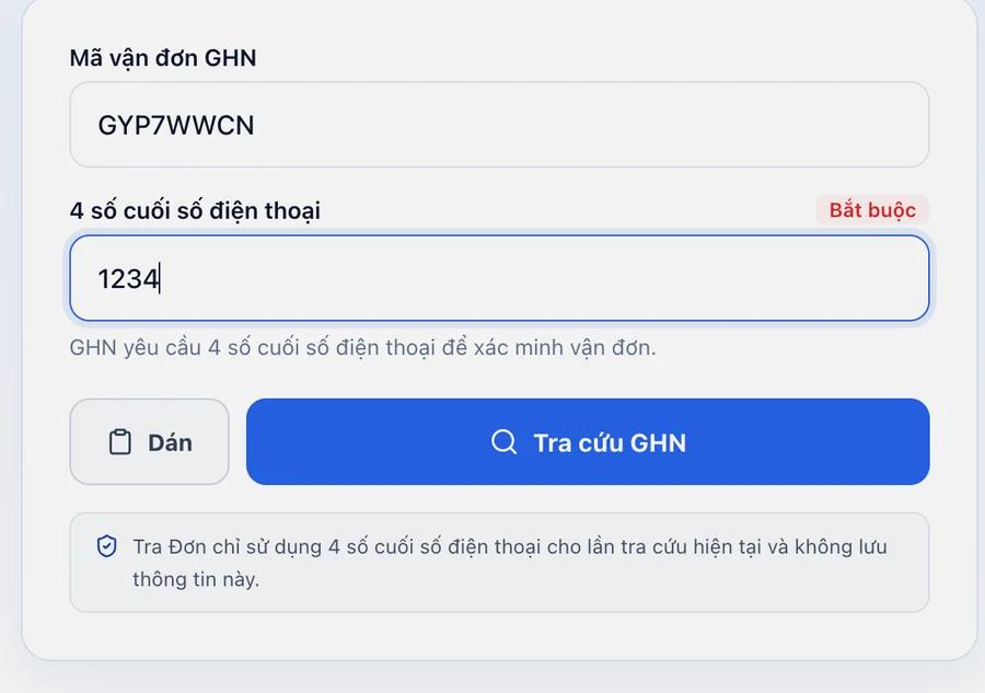 Nhập mã vận đơn GHN và 4 số cuối số điện thoại trên Tra Đơn