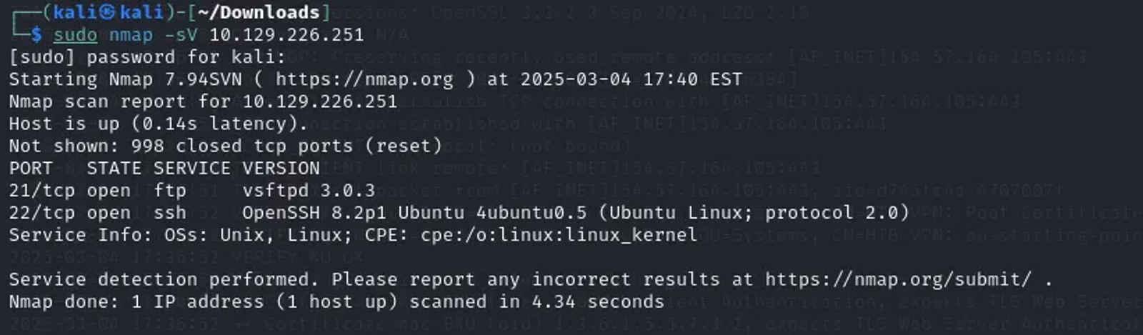 Running Nmap tool on the target’s machine to identify the openeing ports and how many ports are running.