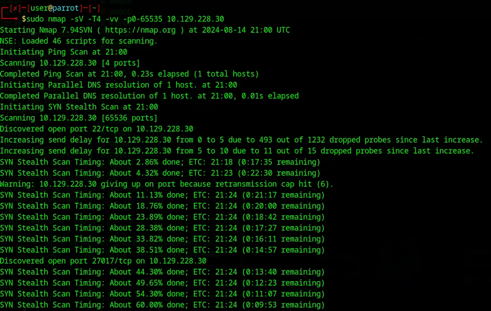 Using Nmap to discover the live TCP ports on the target’s IP.