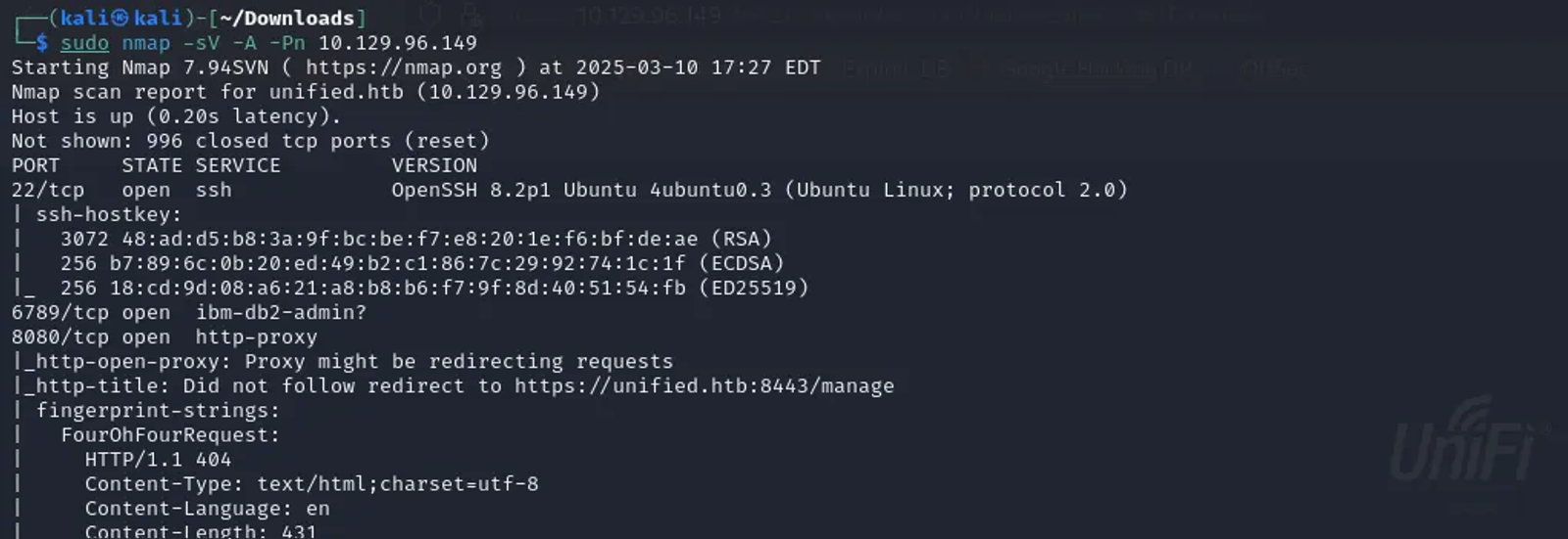 Output of the Nmap scanning over the target. There first 3 ports serving 3 different services.