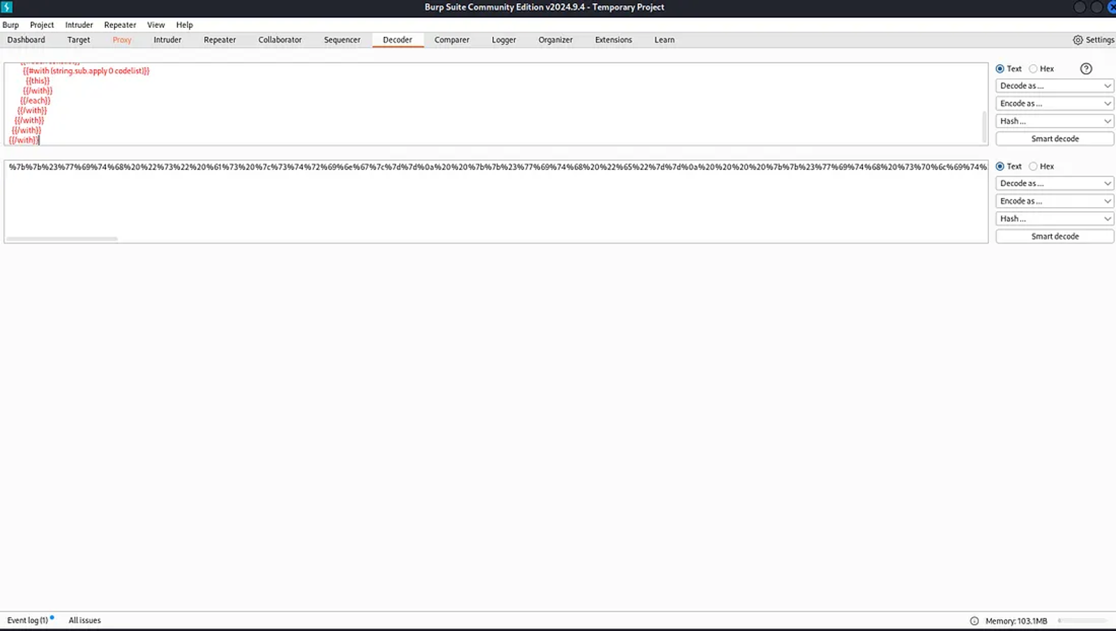 Encoding the payload from hacktricks as URL in the decoder in burpsuite.