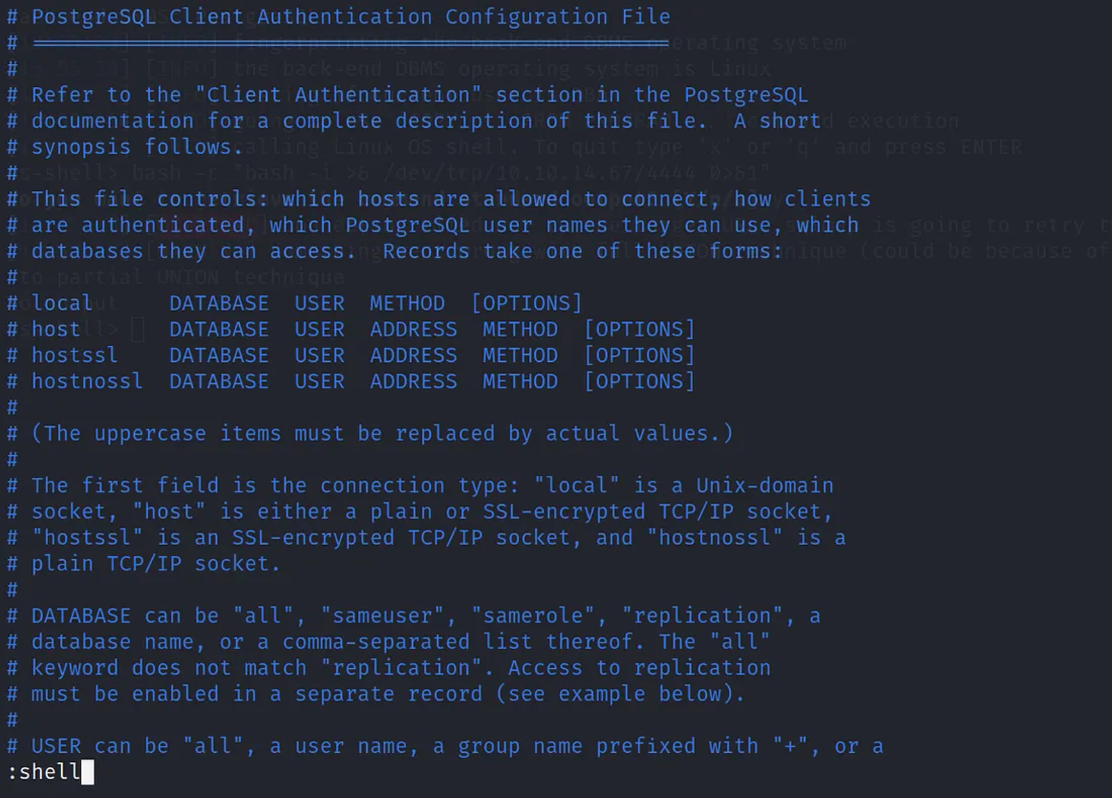 Typing (:shell) in the config file to escalate the privileges from normal user to root user.