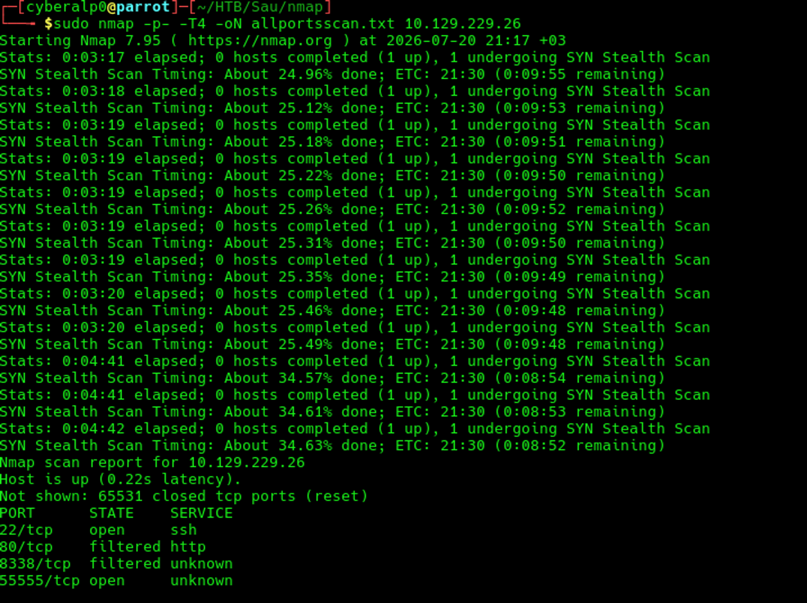 The all ports scanning that was done on the target's machine 