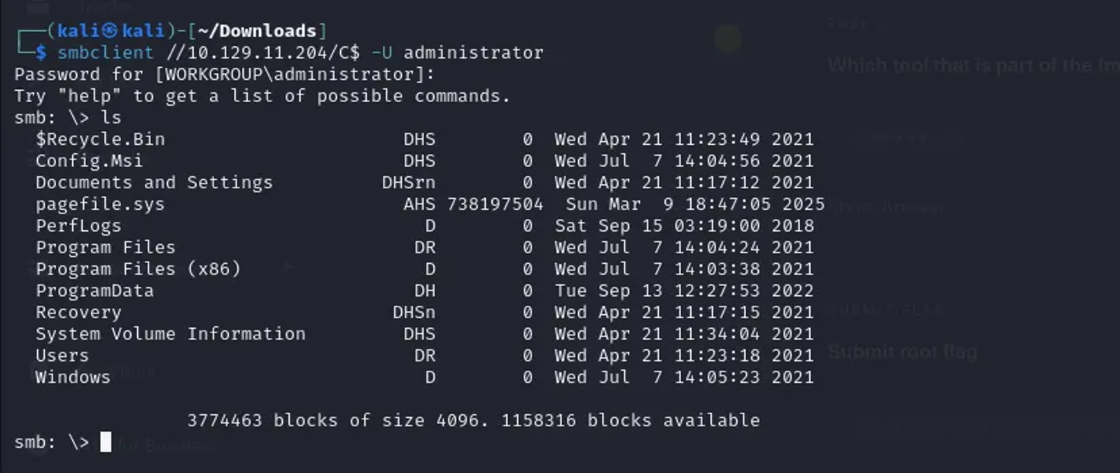 Listing all the file system for the administrative share C on the windows target.