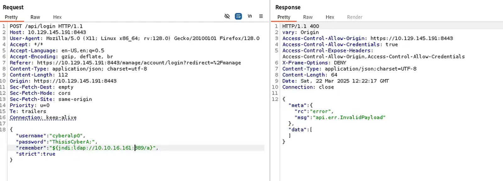 Injecting the JNDI lookup request in the remember field.