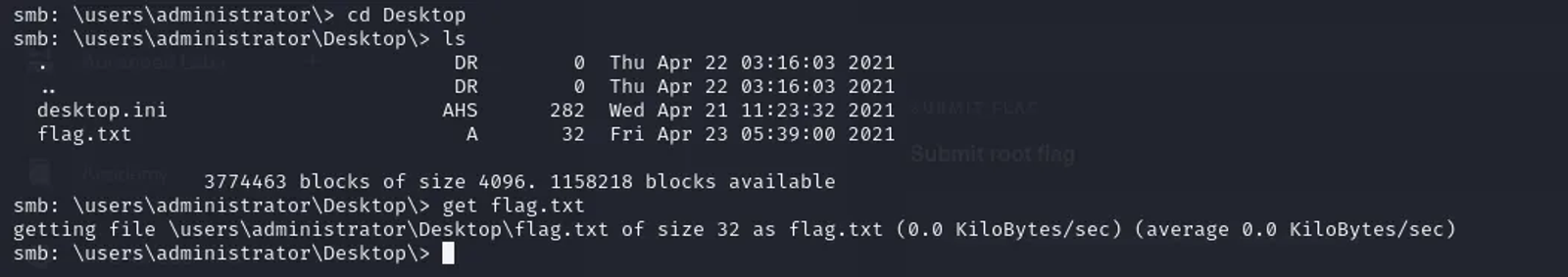 Downloading the flag.txt using the get command. The flag.txt is placed in /Users/Administrator/Desktop.