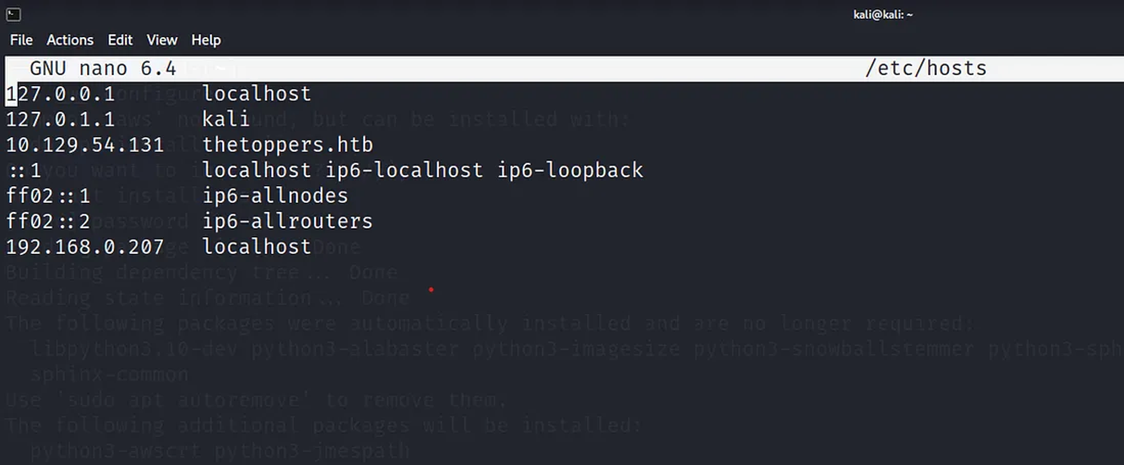 Resolving the IP address of the target machine to the domain of the machine thetoppers.htb in /etc/hosts