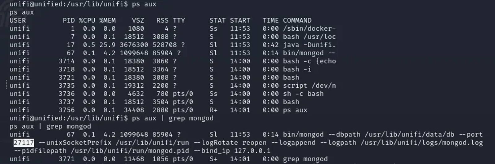 Viewing the running services in the background. We will notice that the DB is MongoDB.