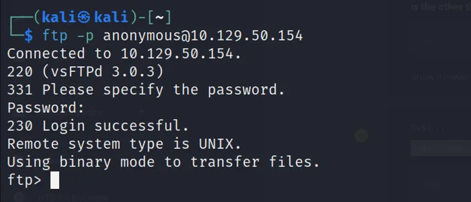 The response code resulted from connecting to the target’s server using the FTP.