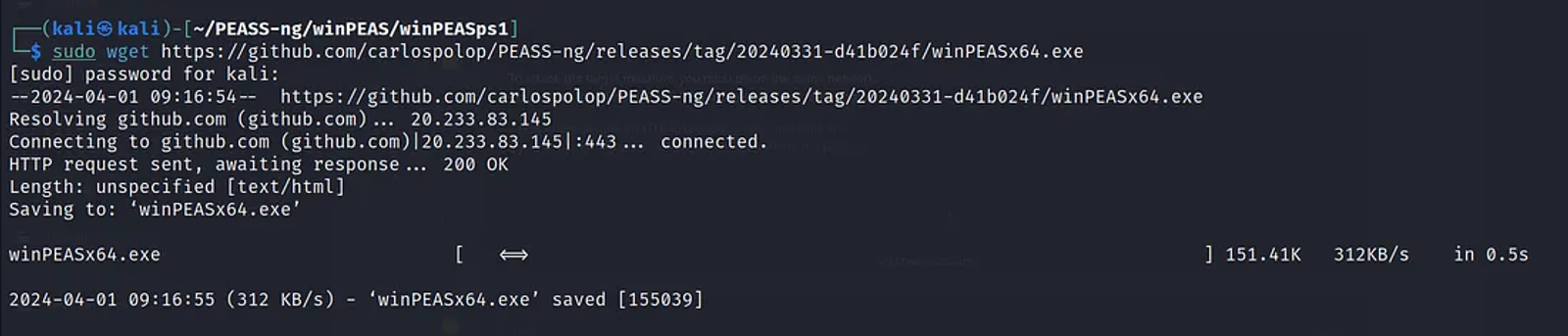 Using the wget command to download the winPEAS script.