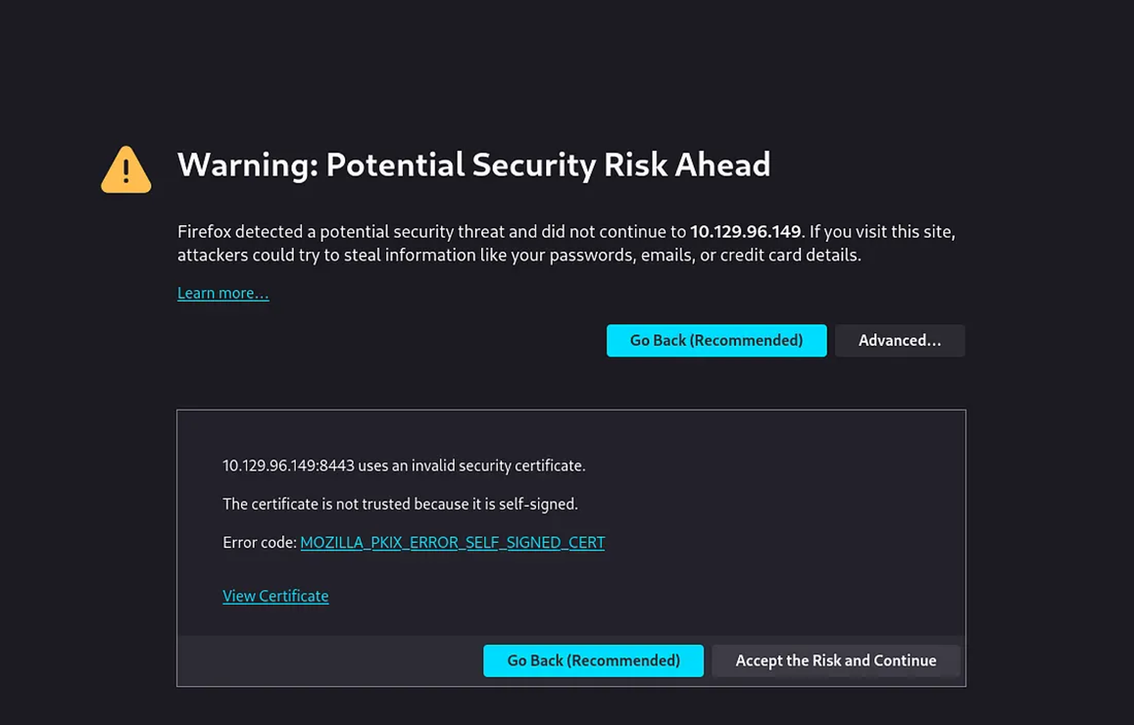 Accept the Risk and Continue to the web page. (The IP changed due to machine Reset.)
