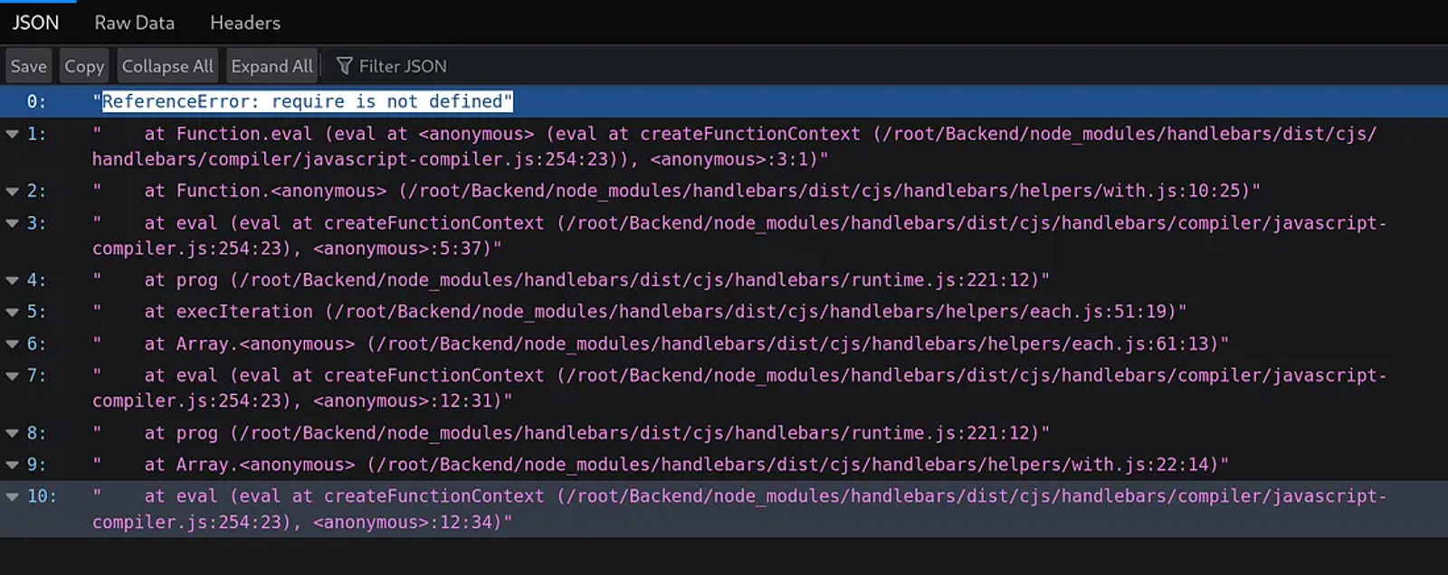 Showing an error repsonse in the browser.